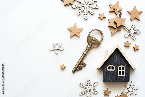 New year or Chrismas day,A photo with wooden snowflakes and wooden stars on a white background has an old key and a wooden house,leave space for the text design.