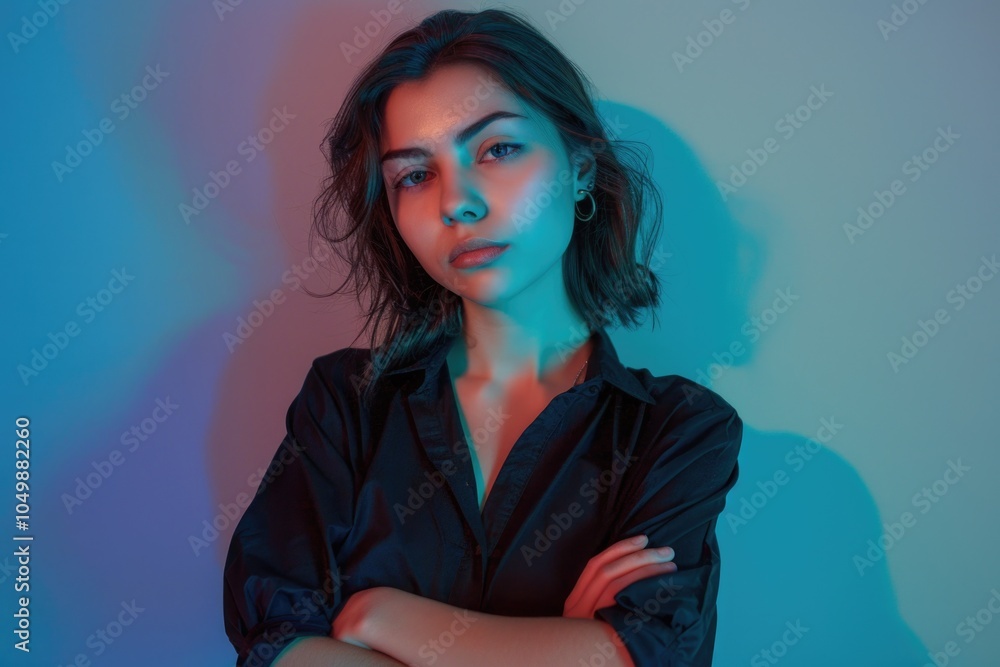 Woman with short hair and a black shirt is standing in front of a wall. She is looking at the camera with a serious expression Woman with short hair and a black shirt is standing in front of a wall. She is looking at the camera with a serious expression