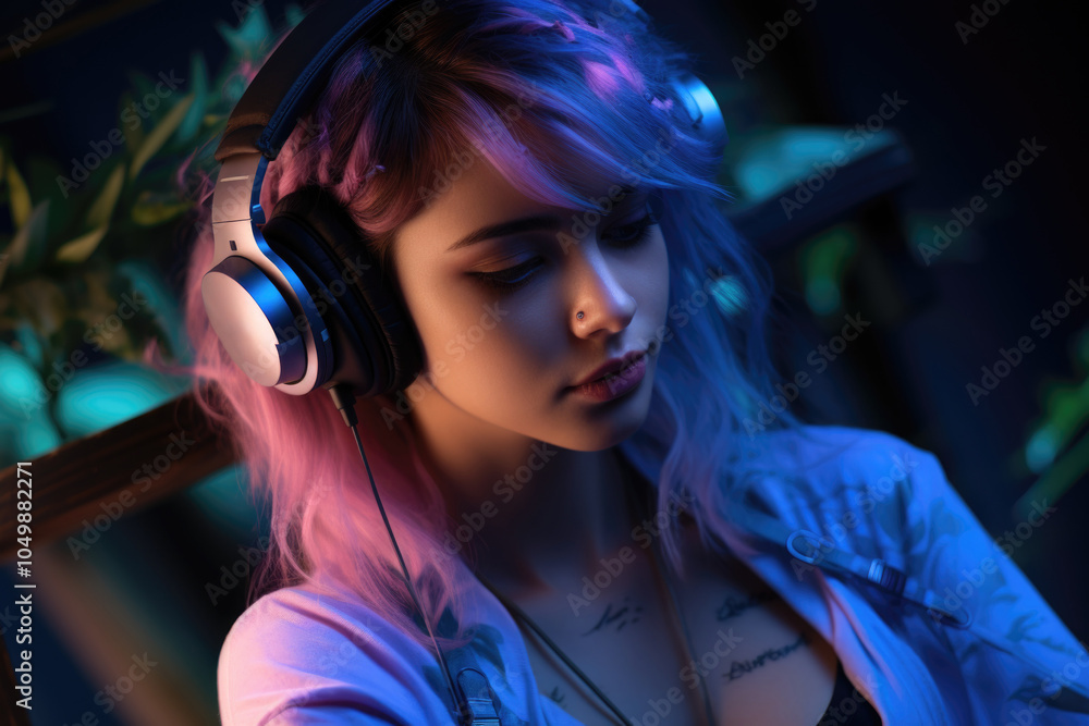Naklejka premium Woman with pink hair is wearing headphones and looking at the camera. The image has a moody and introspective feel to it, as the woman is lost in thought while listening to music
