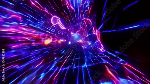 A virtual reality tunnel with neon grids and holographic elements.