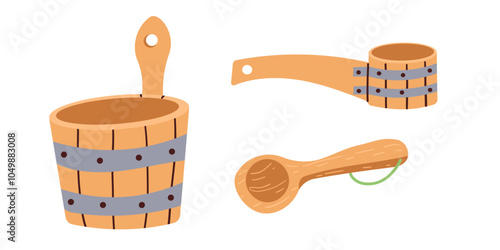 Wooden bucket and ladle, sauna bathing equipment isolated on white color icon. Vector traditional bowl and spoon, bath and shower objects. Bathing accessories, spa and beauty, relaxation and health
