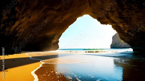 A vast, mysterious cave set against a beach backdrop