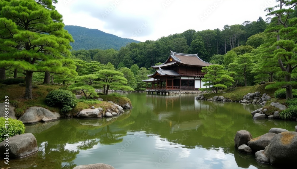 Tranquil Zen garden with traditional Japanese pavilion Tranquil Zen garden with traditional Japanese pavilion