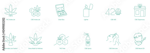 Icon Set of Cannabis Essentials Including THC and CBD Molecules, Dispensary Products, and Lab-Tested Wellness Items