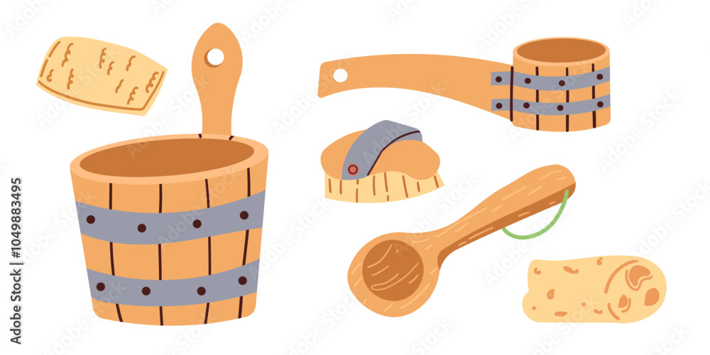 Vector set of bath and sauna accessories. Bathhouse brush, wooden bucket, sponge , ladle isolate on white . Vector set of bath and sauna accessories. Bathhouse brush, wooden bucket, sponge , ladle isolate on white .