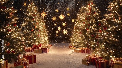 Festive Christmas forest illuminated by golden lights