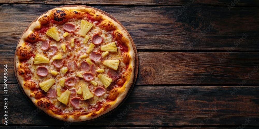 Pizza with pineapple toppings sits on a wooden table. The pizza is large and has a lot of toppings, including ham. The table is made of wood and has a natural, rustic feel Pizza with pineapple toppings sits on a wooden table. The pizza is large and has a lot of toppings, including ham. The table is made of wood and has a natural, rustic feel