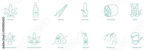 Icon Set Showcasing Cannabis and CBD Products, Including Oils, Blunts, Wellness Options, and THC-Free Molecular Symbols