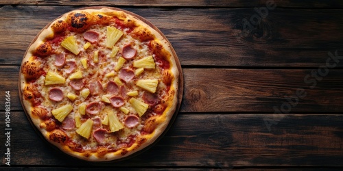 Pizza with pineapple toppings sits on a wooden table. The pizza is large and has a lot of toppings, including ham. The table is made of wood and has a natural, rustic feel