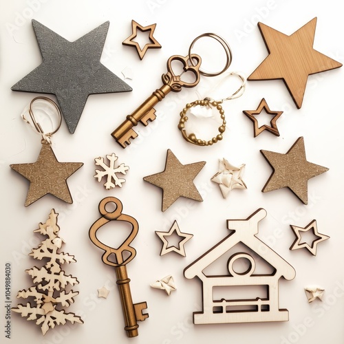 New year or Chrismas day,A photo with wooden snowflakes and wooden stars on a white background has an old key and a wooden house,leave space for the text design.