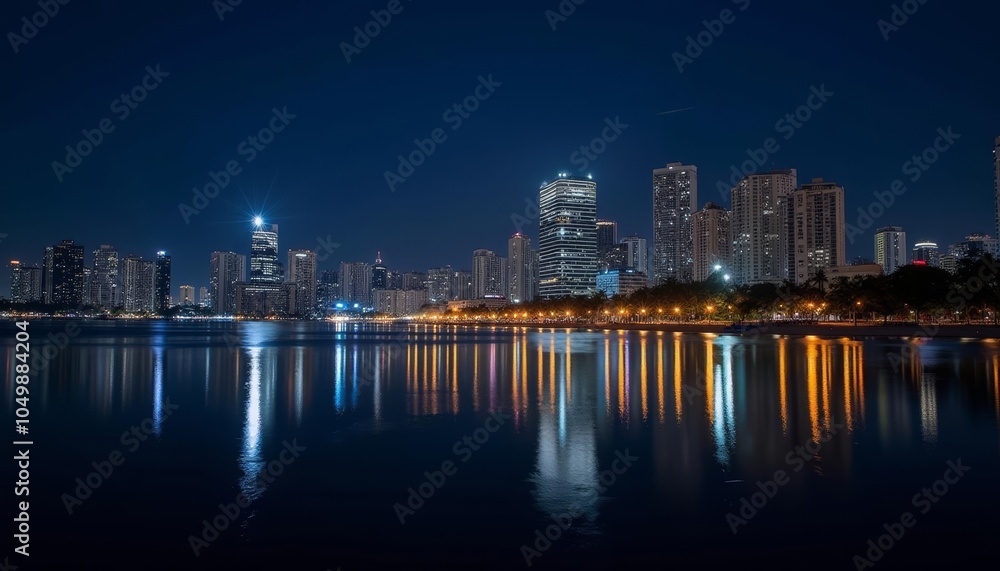 Obraz premium City lights shimmering on the water at night
