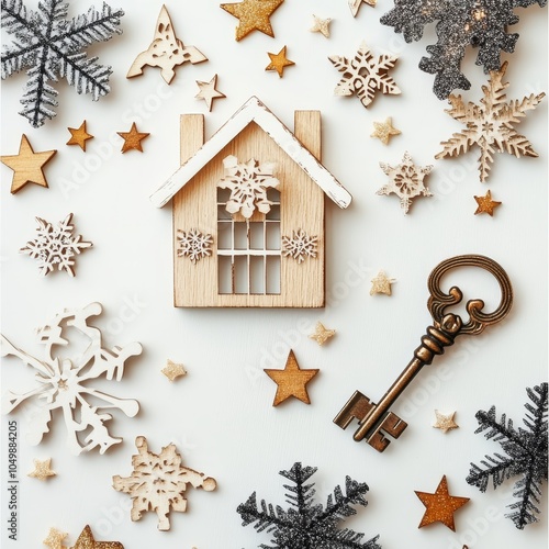 New year or Chrismas day,A photo with wooden snowflakes and wooden stars on a white background has an old key and a wooden house,leave space for the text design.