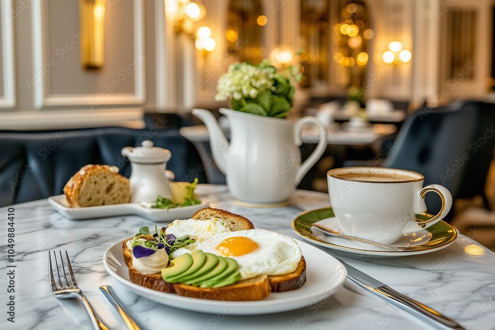 A beautifully arranged breakfast spread featuring toast with an egg, avocado, and coffee in an elegant setting. A beautifully arranged breakfast spread featuring toast with an egg, avocado, and coffee in an elegant setting.