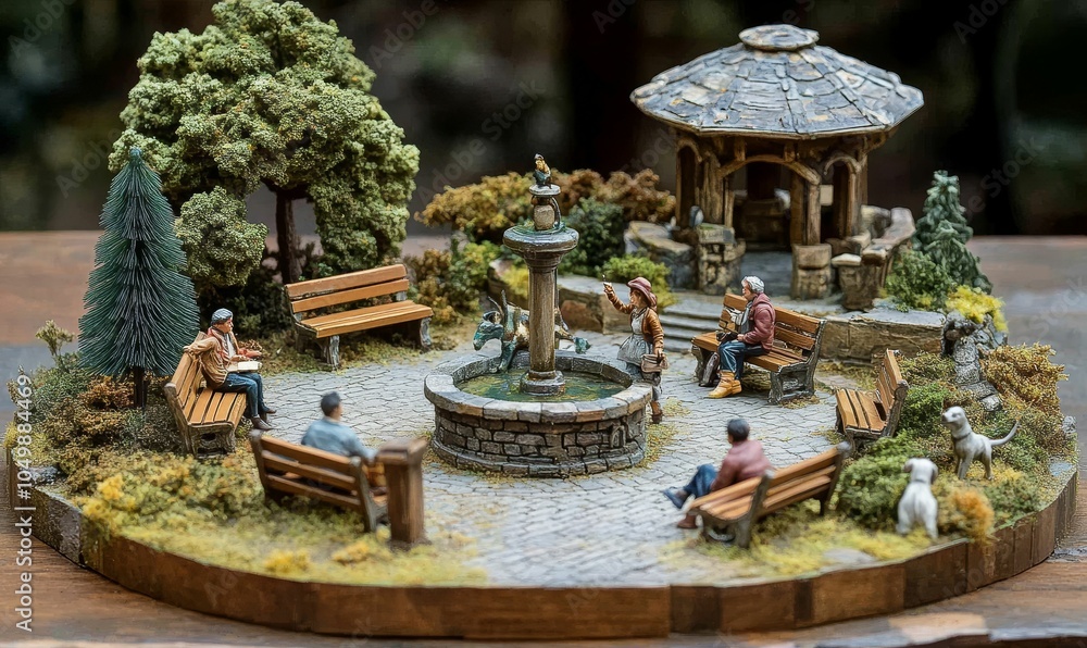 Fototapeta premium Miniature park scene with fountain, gazebo, and figures.
