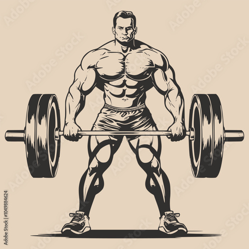 Vintage retro engraving woodcut style sketch draw paint of gym fit sport powerlifter bodubuilder man with barbell