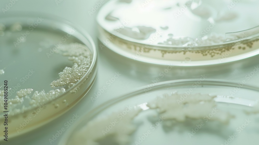 A close-up of a petri dish with bacterial colonies growing in a lab setting, macro shot, Minimalist style A close-up of a petri dish with bacterial colonies growing in a lab setting, macro shot, Minimalist style