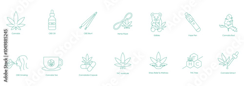 Icon Set Covering a Range of Cannabis Products and Wellness Options, Including CBD Oils, Edibles, and THC-Free Molecular Icons