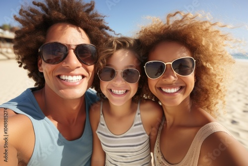 Family of three, a man and two children, are posing for a picture on a beach. They are all wearing sunglasses and smiling