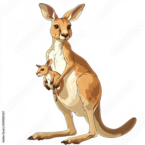 Cartoon A kangaroo with a joey in its pouch, hopping, on white photo