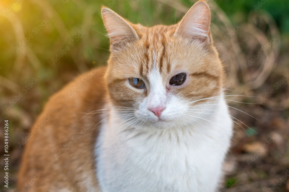 Fototapeta premium Close-up of a ginger and white street cat with one injured eye, highlighting issues of stray animals.