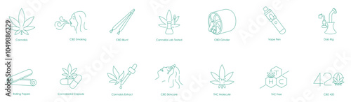 Comprehensive Icon Set Featuring Cannabis Products, Smoking Accessories, and Molecular Symbols, Including THC-Free Options for Skin Care and Wellness