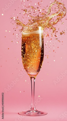 Sparkling drink spills golden glitter on a soft pink surface during a celebra...