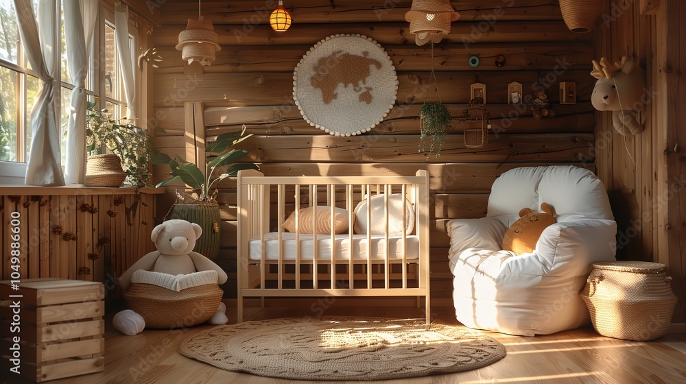 Obraz premium Cozy Wooden Nursery with Crib and Plush Toys