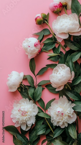 Arrangement of blooming peonies with green leaves against a bright pink backg...