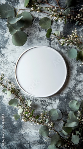 A simple round white plate surrounded by fresh greenery and delicate flowers ...
