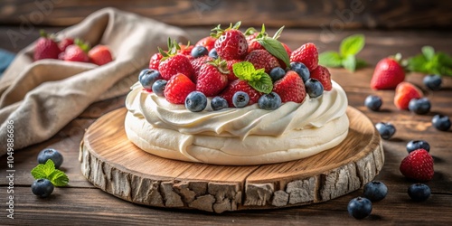 A rustic wooden board features a decadent dessert, showcasing a creamy meringue base adorned with fresh blueberries, plump strawberries, and vibrant raspberries, a symphony of flavors and textures. photo