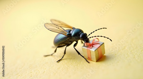 A tiny beetle delicately carries a miniature gift, a heartwarming scene against a pale yellow backdrop. photo