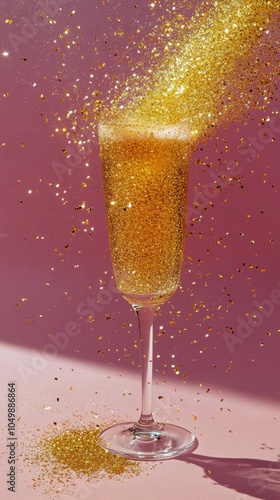 Sparkling drink spills golden glitter on a soft pink surface during a celebra...
