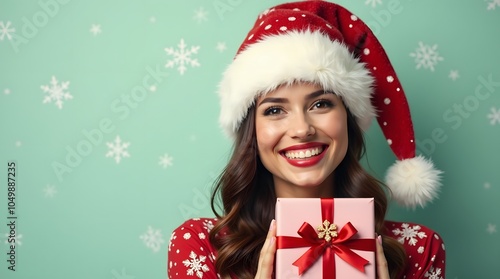 Smiling woman in Santa hat holds a pink gift against a festive teal background with snowflakes. Christmas joy!