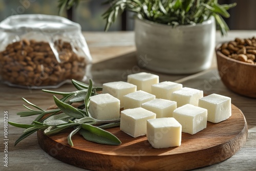 Fresh cheese cubes arranged on a wooden board with herbs and nuts in a bright...