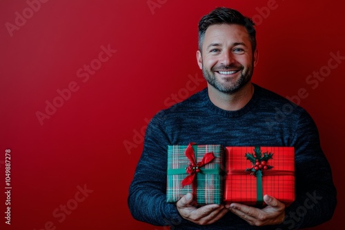 A man joyfully holding multiple holiday gift boxes in front of a vibrant red ...