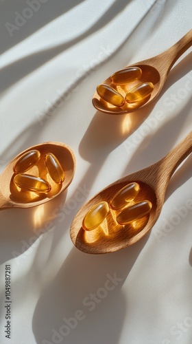 Bamboo spoons filled with golden capsules on a light background in natural da...