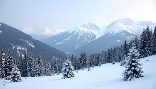  Snowy mountain vista with evergreens