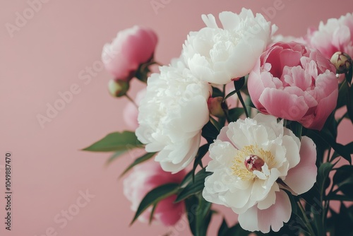 Beautiful bouquet of peonies in shades of pink and white against a soft paste...