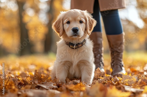Golden retriever puppy exploring an autumn park filled with colorful fallen l...