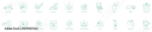 Extensive Icon Set Covering Rolling Papers, Cannabis Farm Elements, CBD Molecules, and Dispensary Essentials for Holistic Care