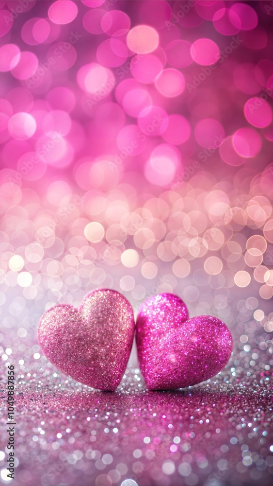 Two sparkling pink hearts on a shimmering background with bokeh lights for romantic occasions, copy space Two sparkling pink hearts on a shimmering background with bokeh lights for romantic occasions, copy space