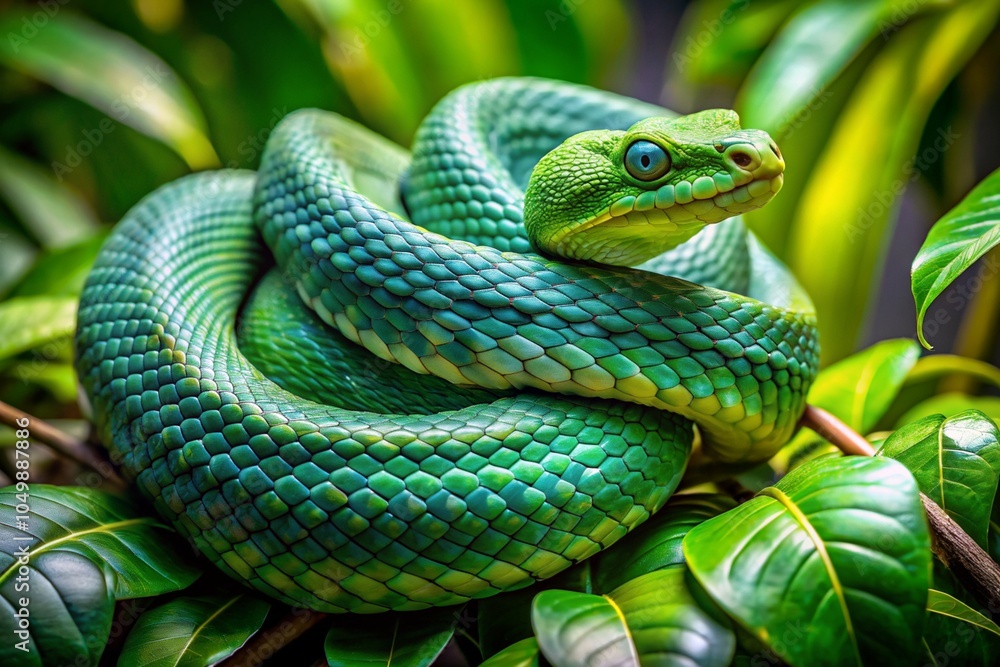 Fototapeta premium A green snake is curled up on a leaf