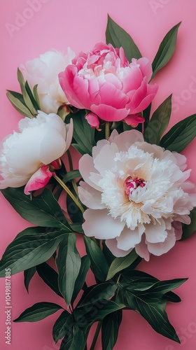 Arrangement of blooming peonies with green leaves against a bright pink backg...