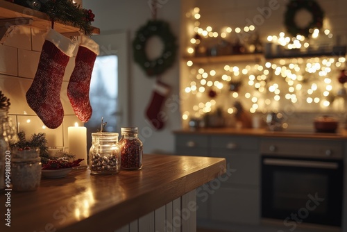 Decorated kitchen with festive red stockings and holiday lights during winter...