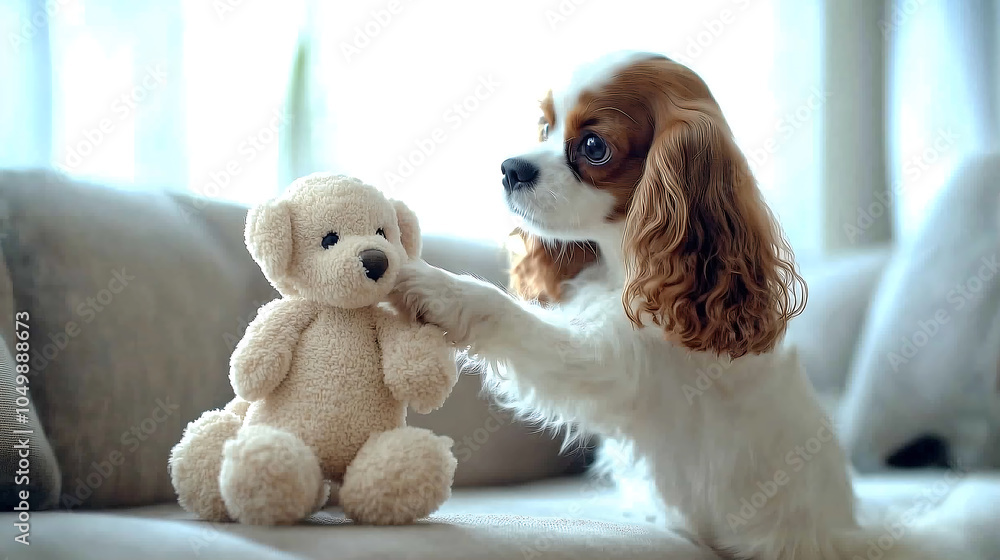 Fototapeta premium Cavalier King Charles Spaniel pawing at a soft plush toy in a modern home living room; clear, vibrant colors, depth of field highlights dog’s playful nature