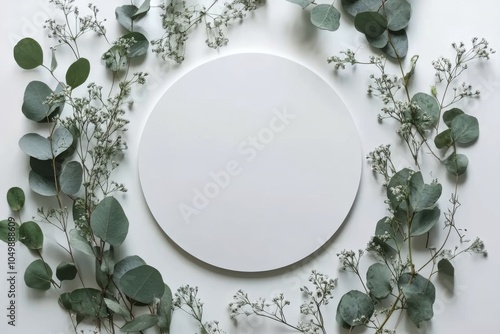 A simple wooden circle surrounded by delicate greenery on a white background