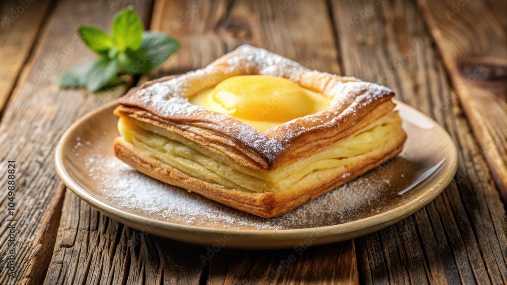 A single, square-shaped pastry filled with creamy custard and dusted with powdered sugar, resting on a brown plate set upon a weathered wooden surface. A single, square-shaped pastry filled with creamy custard and dusted with powdered sugar, resting on a brown plate set upon a weathered wooden surface.