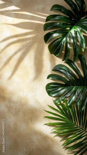 Lush green plant casting shadows on a textured golden wall in a bright indoor...