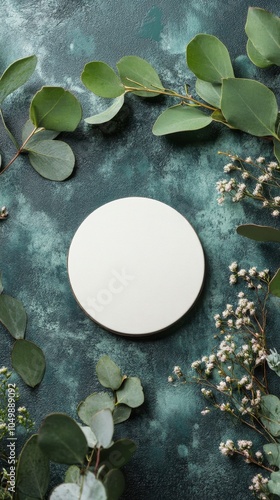 A simple round white plate surrounded by fresh greenery and delicate flowers ...