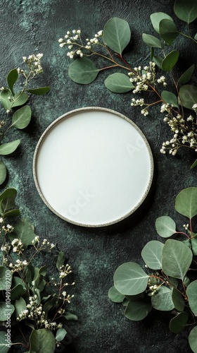 A simple round white plate surrounded by fresh greenery and delicate flowers ...